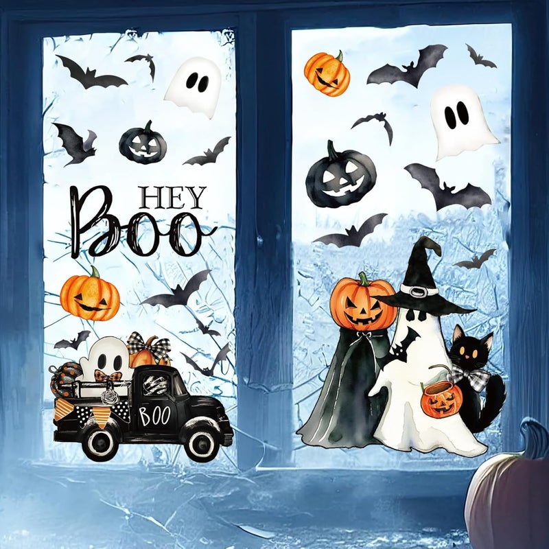 Whaline 6 Sheets Halloween Window Clings Vintage Hey Boo Ghost Evil Pumpkin Bat Reusable Window Decals for Spooky Holiday Haunted House Home Office School Glass Decor - Image 3